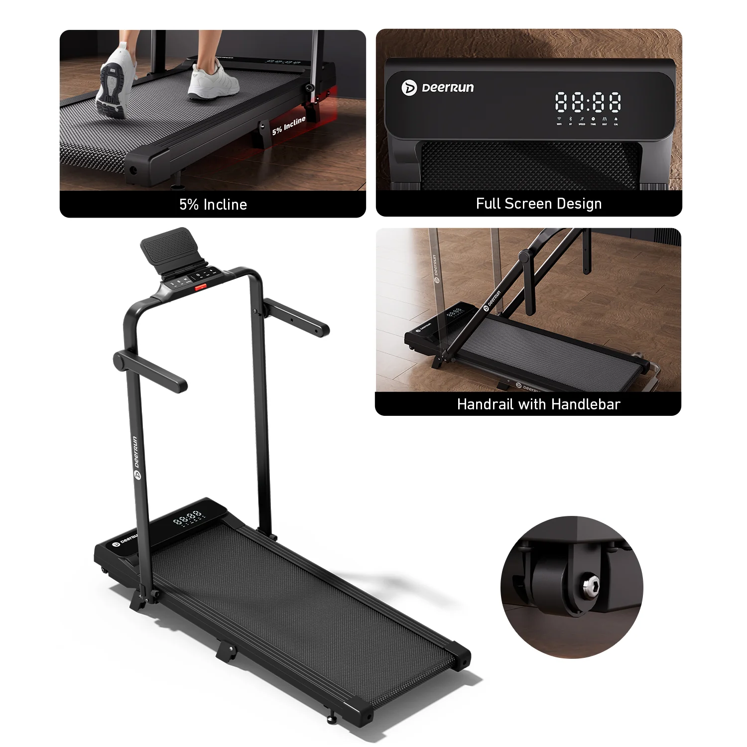 DeerRun A6 Plus Quiet 2-in-1 Foldable Treadmill for Home Walk, Run & Save Space -With 5% Incline, Handlebar & Full Display Screen - Image 6