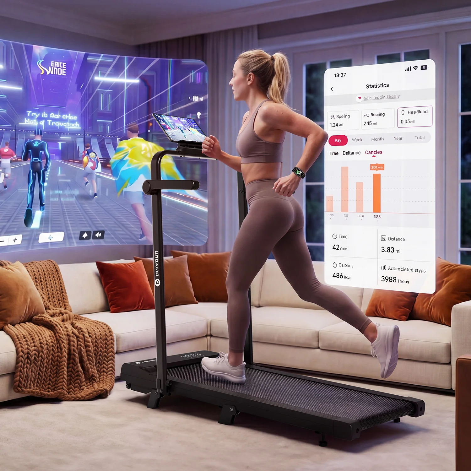 DeerRun A6 Plus Quiet 2-in-1 Foldable Treadmill for Home Walk, Run & Save Space -With 5% Incline, Handlebar & Full Display Screen - Image 8