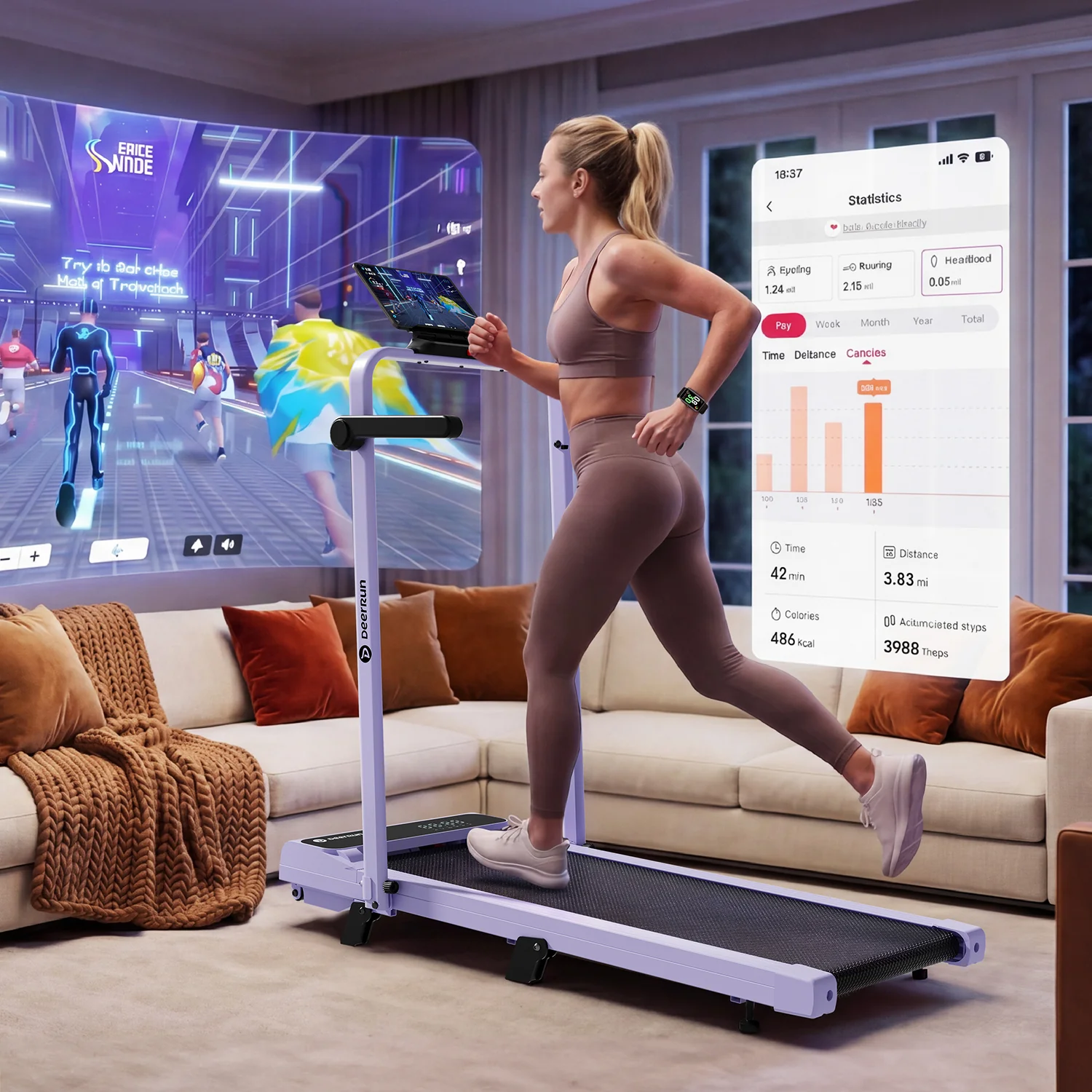 2026 New A6 Plus Handle 5% Incline 2 in 1 Foldable Treadmill with Whole Screen Upgraded Chip & NFC Support | 300 lbs, 7.5 mph, Purple - Image 5