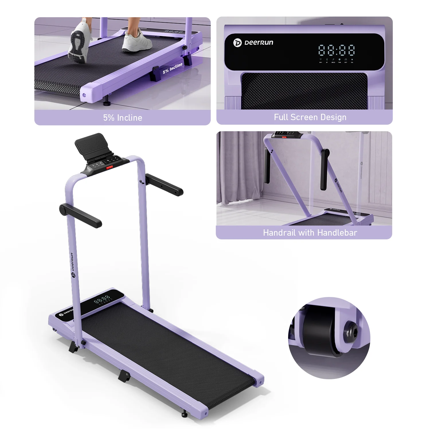 2026 New A6 Plus Handle 5% Incline 2 in 1 Foldable Treadmill with Whole Screen Upgraded Chip & NFC Support | 300 lbs, 7.5 mph, Purple - Image 8