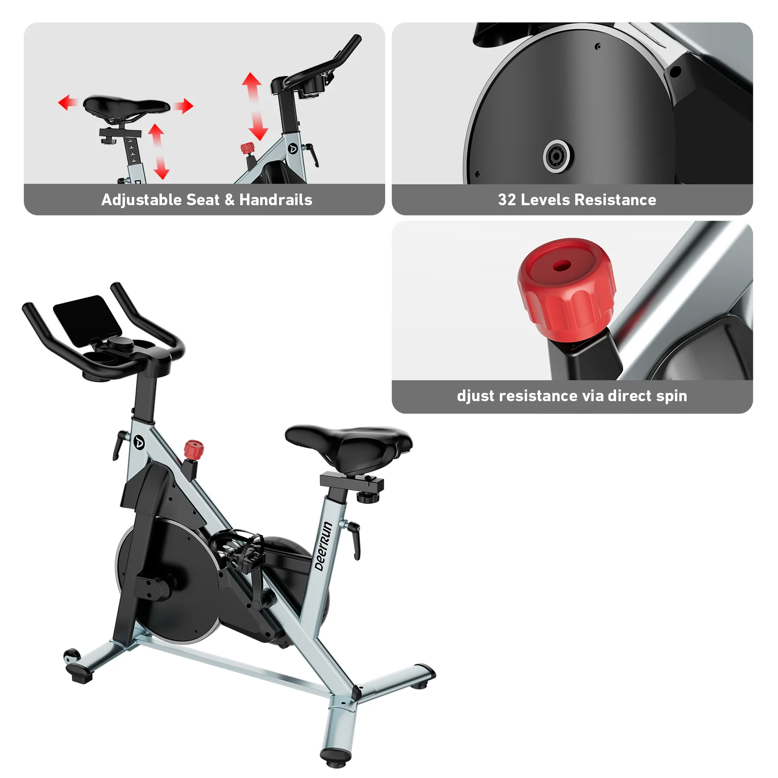 DeerRun S500 Pro King Size Indoor Exercise Bike for Tall Riders 32 Magnetic Adjustable Resistance, LED Screen, Silver - Image 4
