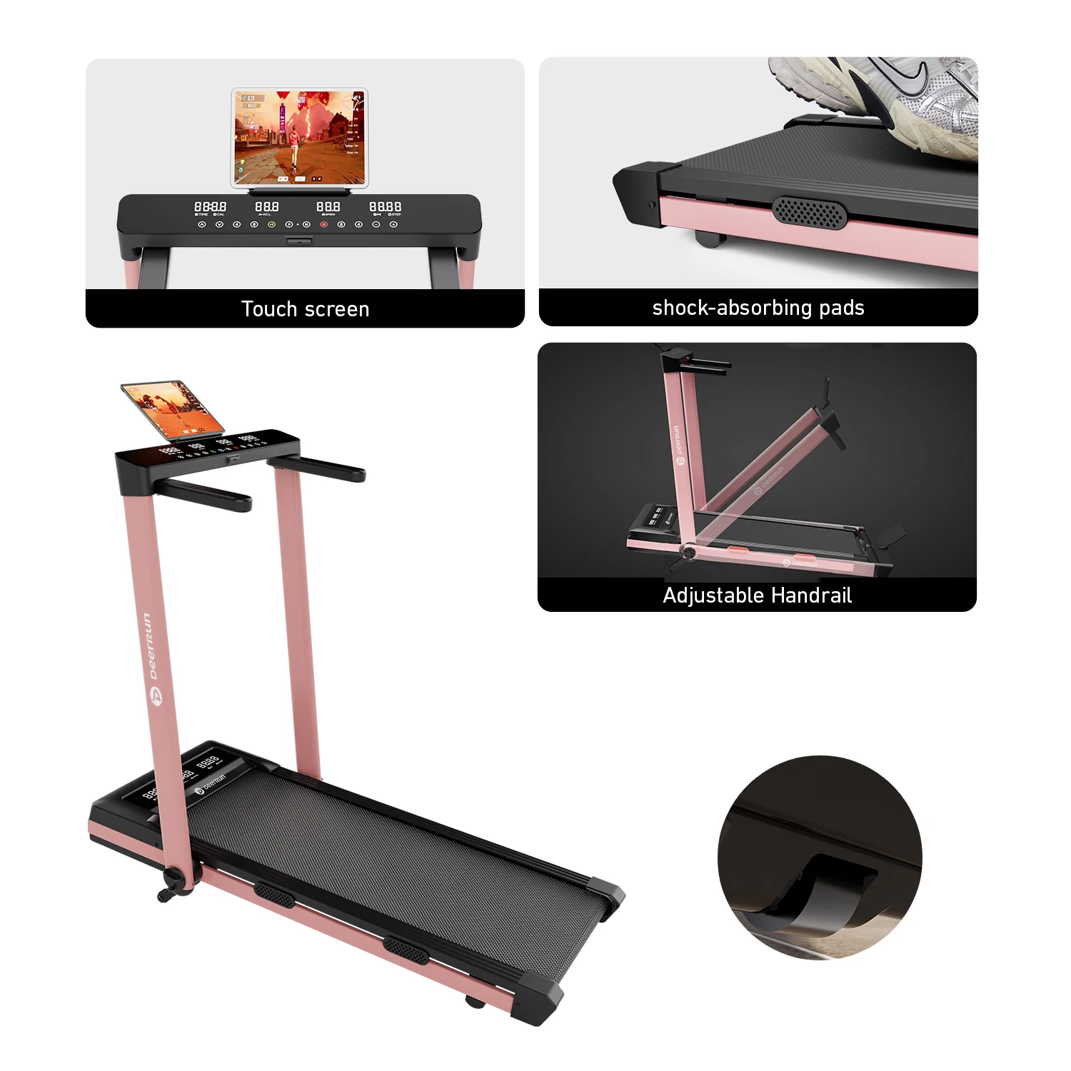 DeerRun Z10 Pro Muse Type 2 in 1 Foldable Treadmill with Remote Control, 12% Auto Incline, Pink - Image 3